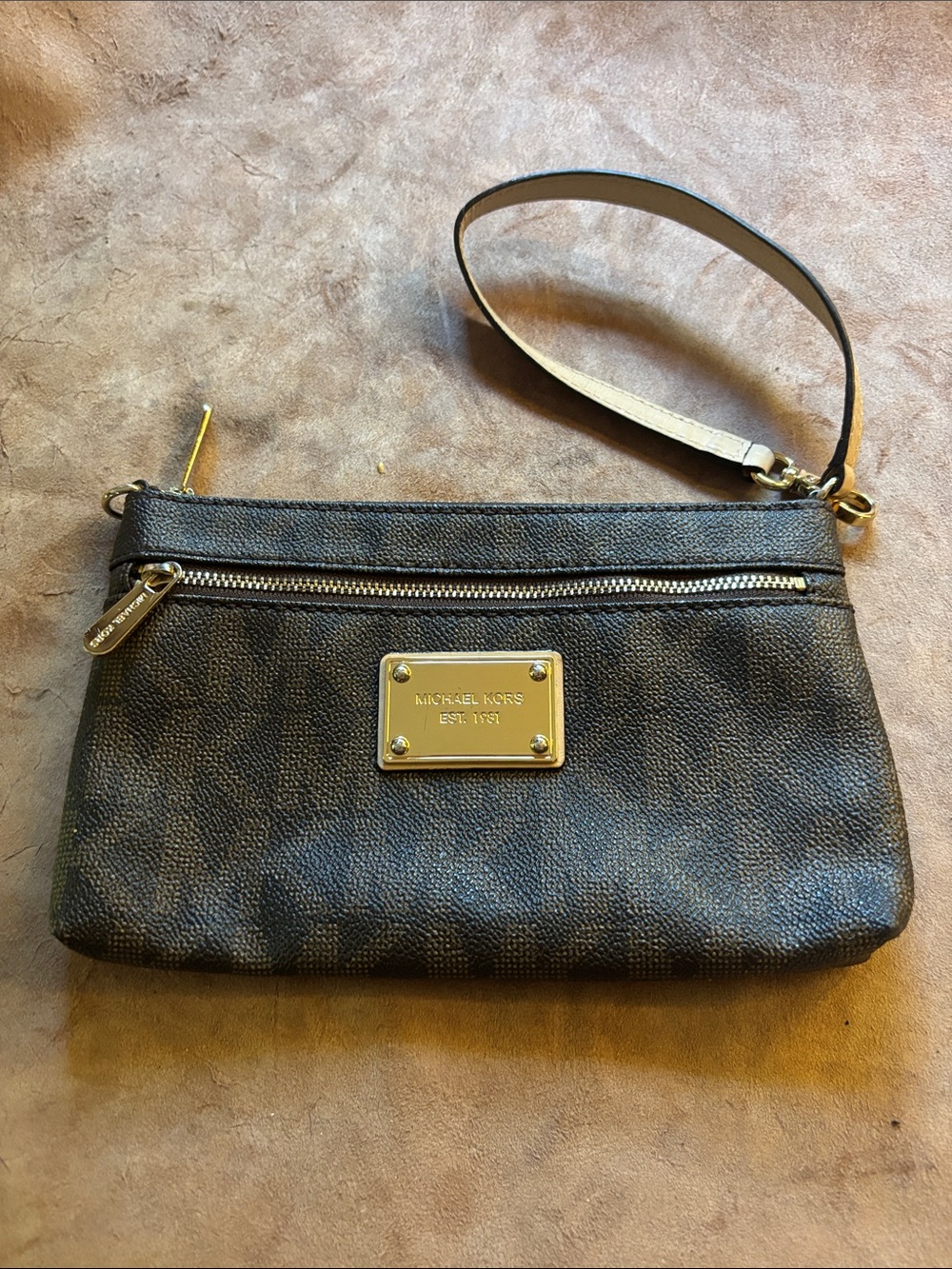 Michael Kors Black Pebbled Leather Wristlet with Gold Hardware